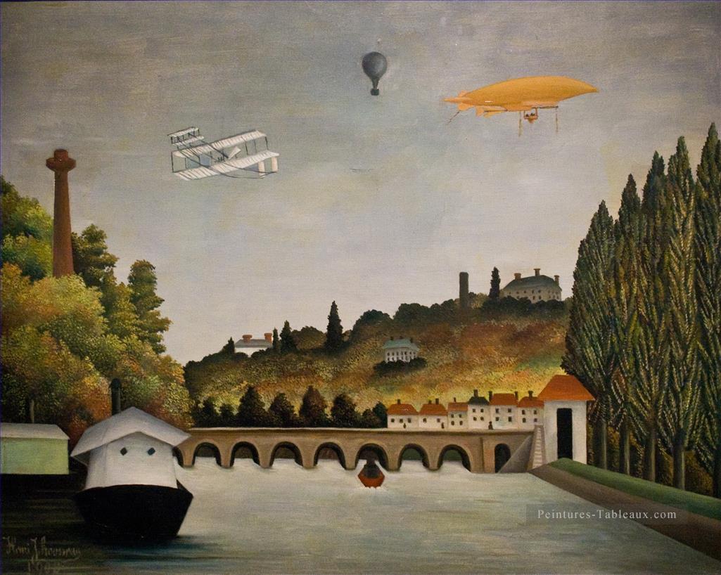 Vue sur le pont de Sèvres et les collines de Clamart Saint Cloud et Bellevue avec ballon biplan et dirigeable Henri Rousseau ville Peintures à l'huile